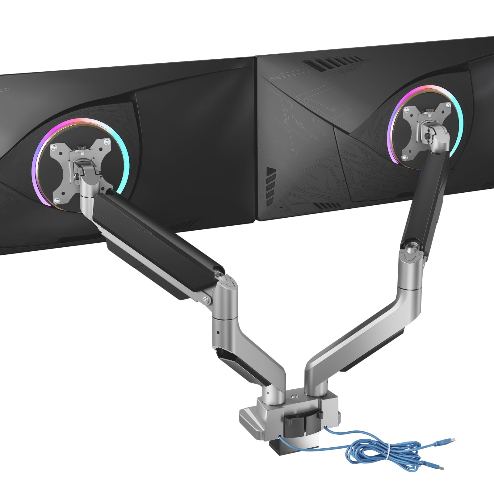 WALI Dual Monitor Stand Mounts Arm, for 2 Monitors Desk, Fully Adjustable Gas Spring, with 2 Easily Accessible USB 3.0 Ports for Display Up to 35 Inch, 33lbs, (GSMU002), Silver
