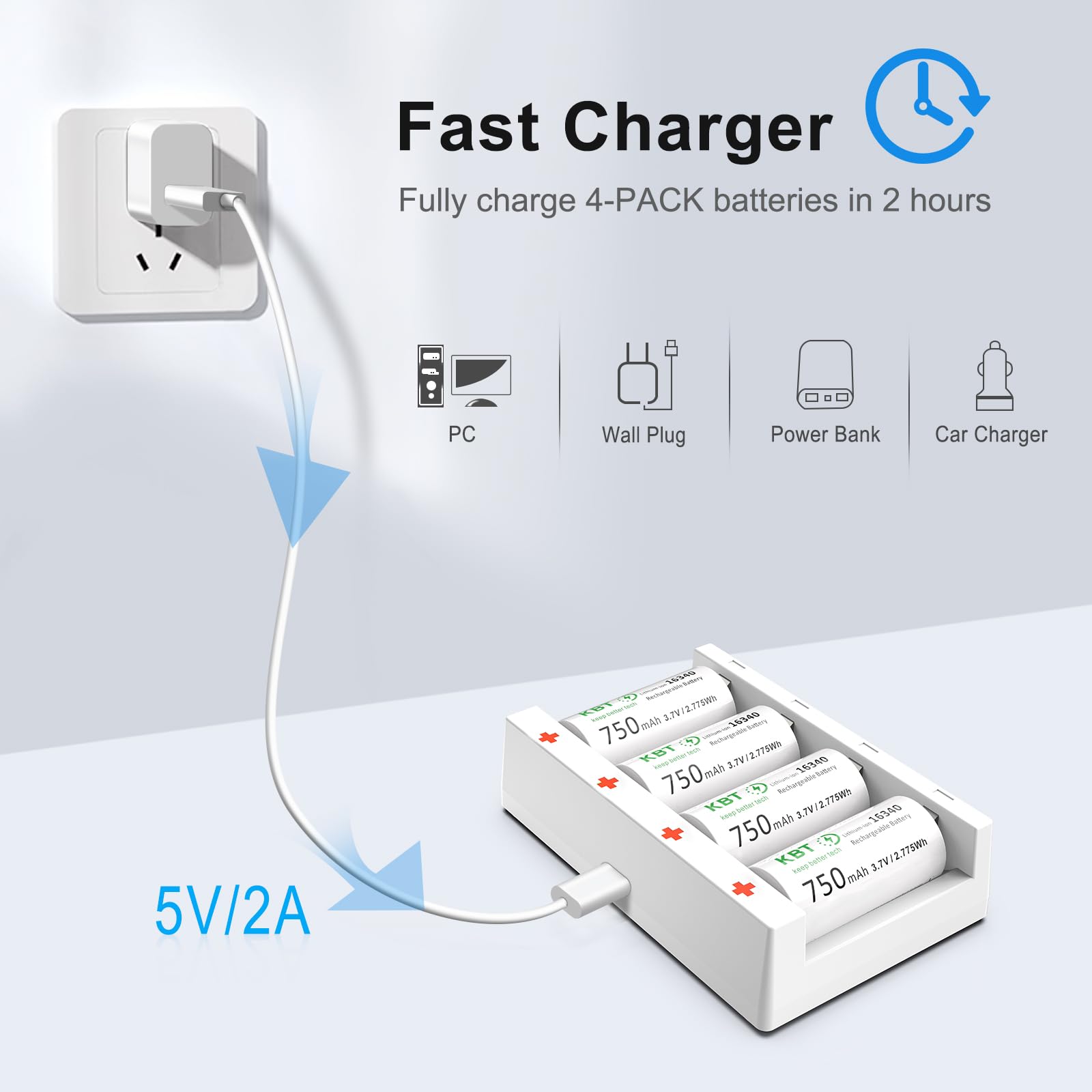 KBT KEEP BETTER TECH 123A Battery Charger with 8 Rechargeable 3.7V 750mAh Batteries for Arlo Wireless Cameras