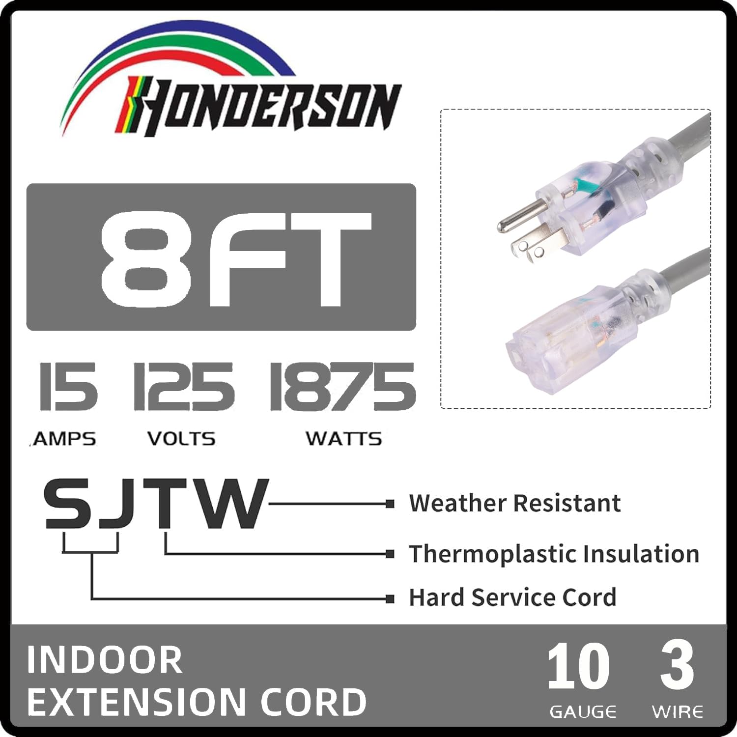 Honderson Indoor Outdoor Extension Cord Weatherproof With Lighted End, Ul Listed, 10 Gauge 8Ft Grey 3 Prong Heavy Duty Extension