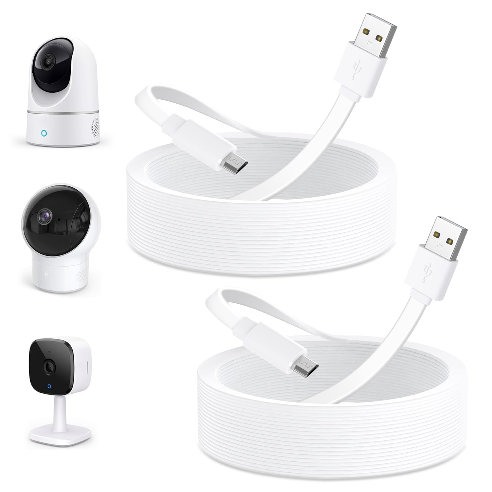 Delilyn 2Pack 25Ft Micro Usb Extension Cable Compatible With Eufy Security Indoor Cam E220/P24, Flat Power Cable For Eufy Securi