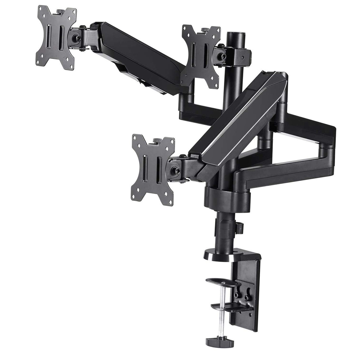 Techorbits Triple Monitor Mount   Three Arms Computer Screen Stand   Full Motion Articulating Gas Springs For 3 Screens   Universal Fit For 13'   27' Screens