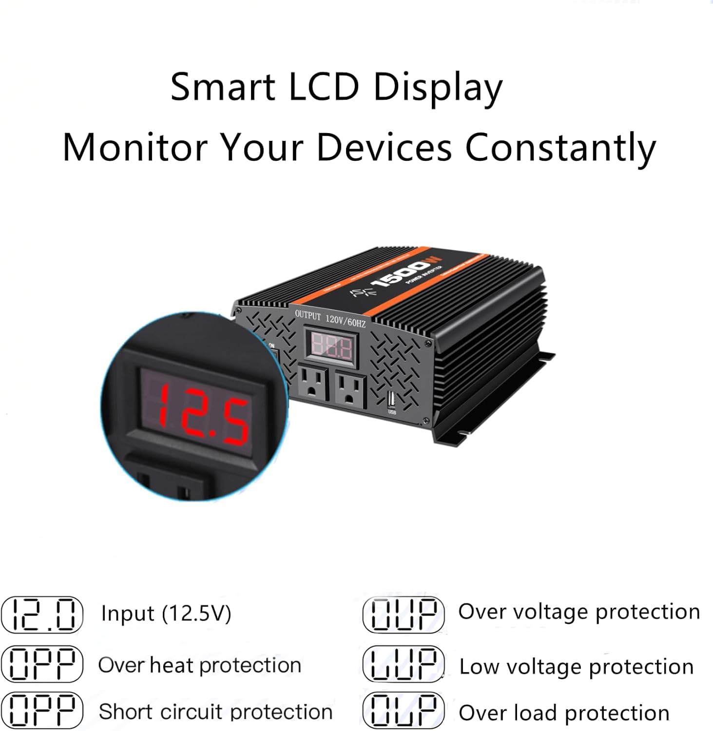 Tvnikd 1500 Watt Car Power Inverter 12V To 110V/120V For Rv Car Truck Semi Truck Vehicles Camping With Lcd Display 1500W