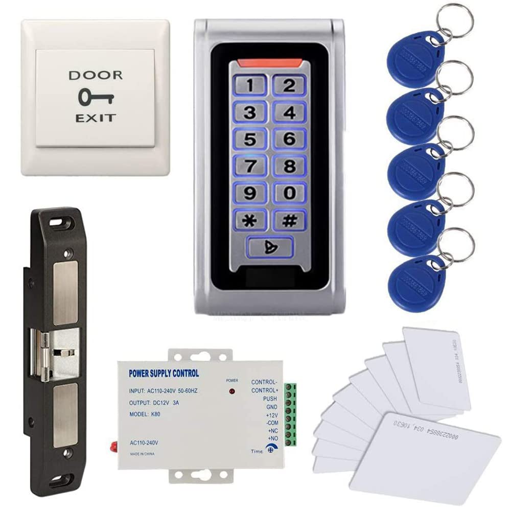 Mengqi Control Waterproof Metal Rfid+Pin Code Door Security Access Control System Kits With Push Bar Strike Lock,110V 240V Power Supply Unit,Exit Button,Rfid Cards/Key Fobs