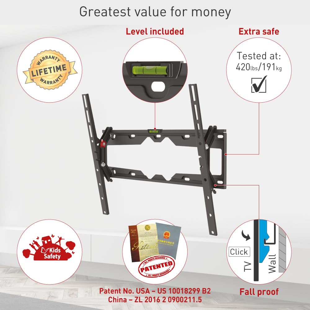 Barkan Tv Wall Mount, 19   65 Inch Tilt, Flat / Curved Screen Bracket, Holds Up To 110 Lbs, Auto Lock Patented, Lifetime Limited