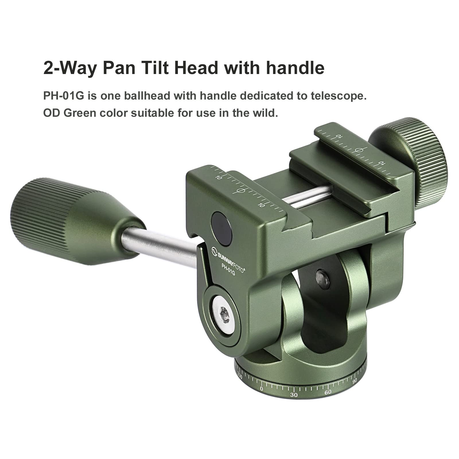 Sunwayfoto Ph-01G 2-Way Pan Tilt Head, Arca/Rrs/Picatinny Compatible, Od Green, 360 Rotation, 90 Tilt, 3Kg Load Capacity