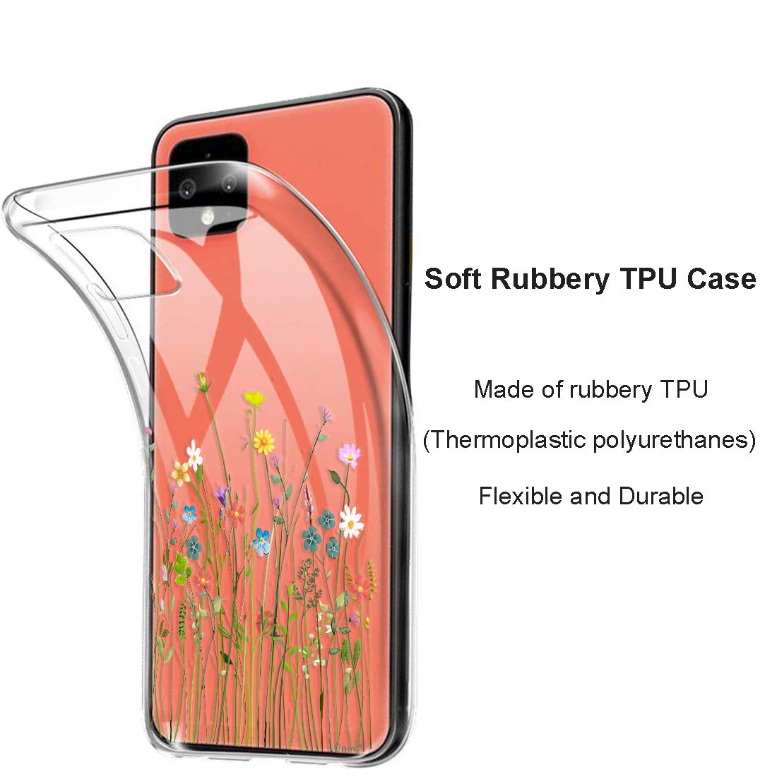 Unov Pixel 4 Case Clear With Design Soft Tpu Shock Absorption Slim Embossed Floral Pattern Protective Back Cover For Pixel 4 (5.