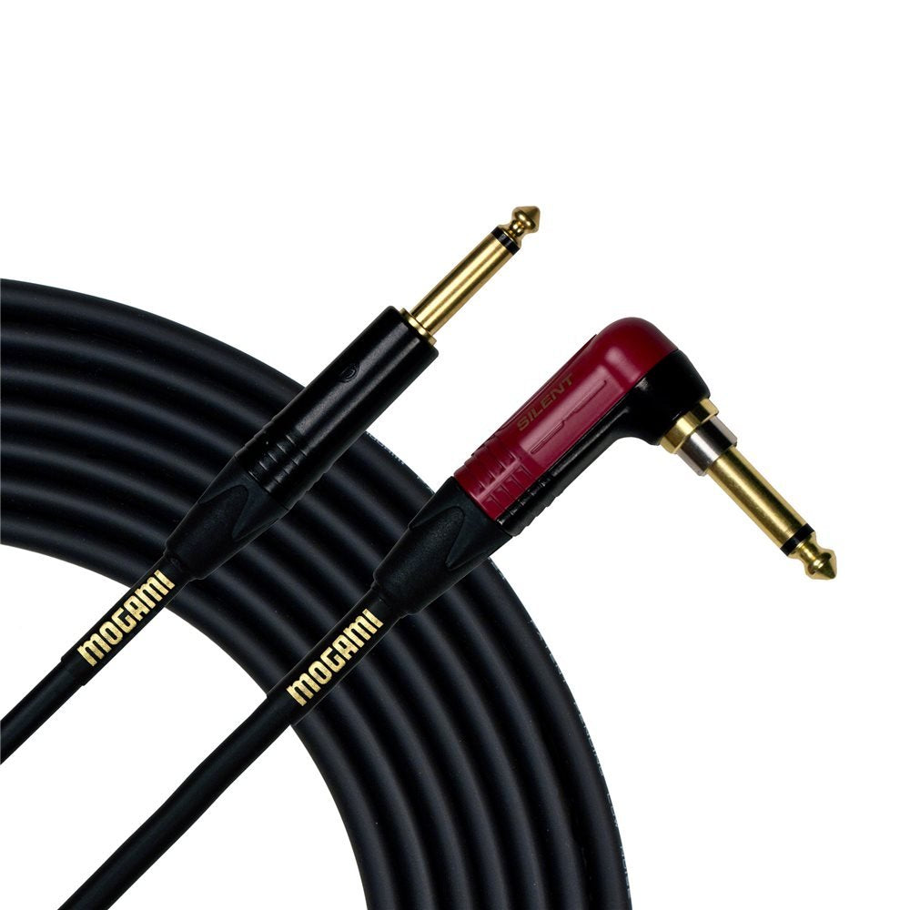 Mogami Gold Inst Silent R 18 Guitar Instrument Cable, 1/4' Ts Male Plugs, Gold Contacts, Right Angle Silentplug To Straight Connectors, 18 Foot