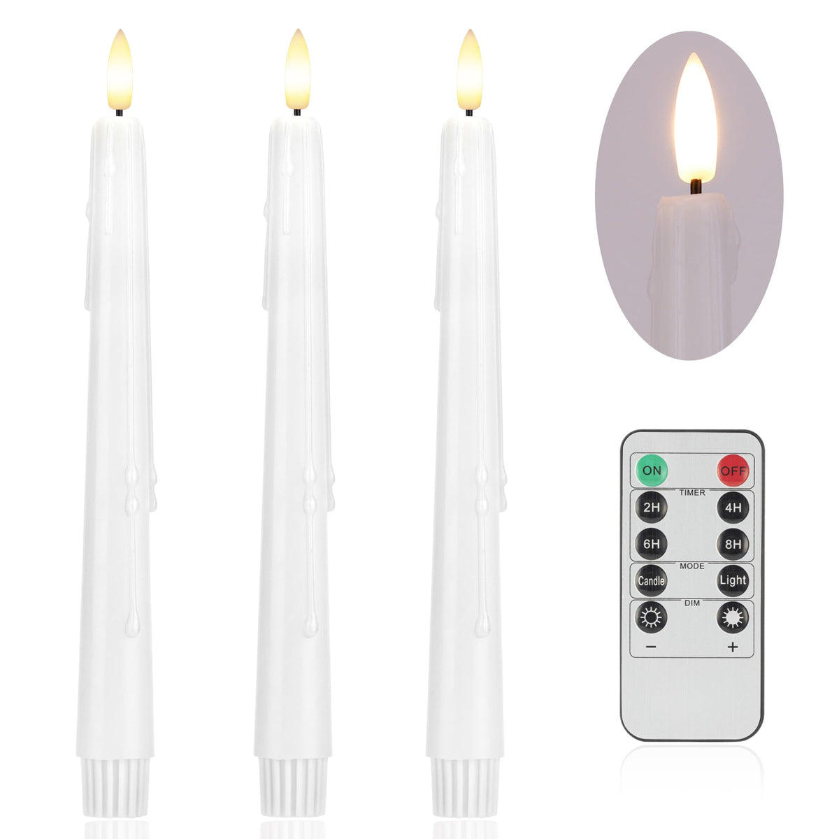 Afineth Flameless Taper Candles With Rmote, 9.6'' Dripless Battery Operated Candles, 3 Pack Real Wax Led Candles Flickering Cand