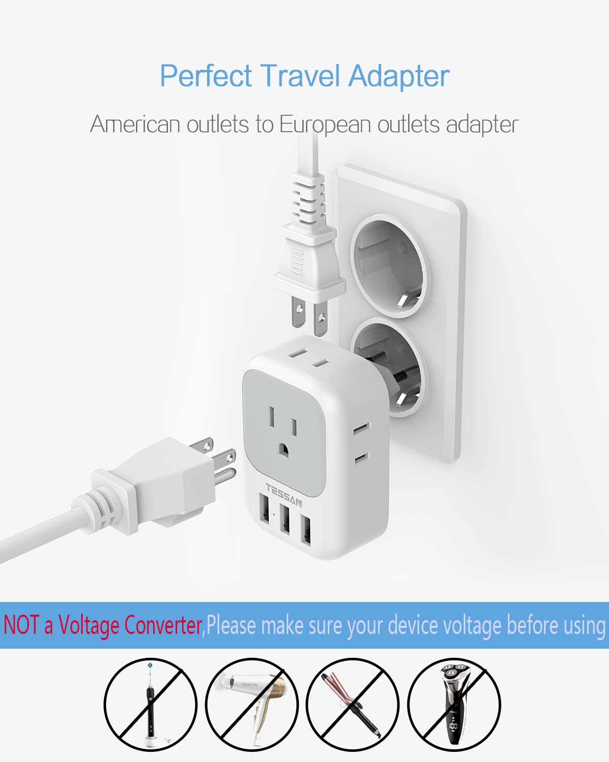 Tessan European Travel Plug Adapter 2 Pack, Us To Europe Power Adapter With 4 Outlets And 3 Usb, International Euro Charger Adap