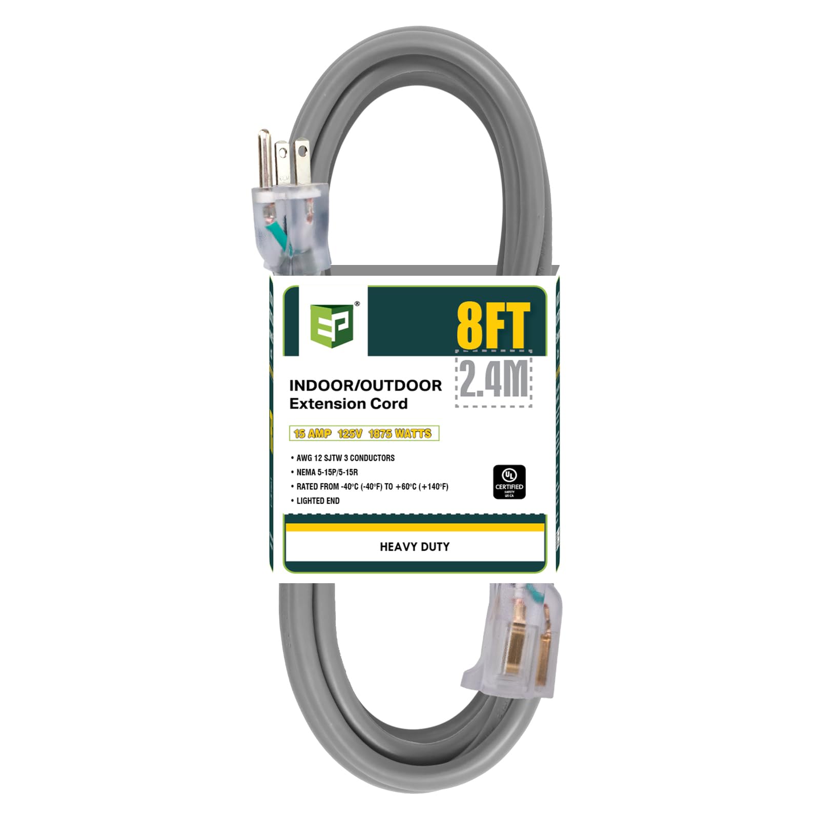 Ep 8 Ft Lighted Outdoor Extension Cord   12/3 Sjtw Heavy Duty Grey Extension Cable With 3 Prong Grounded Plug   Power Cord For L