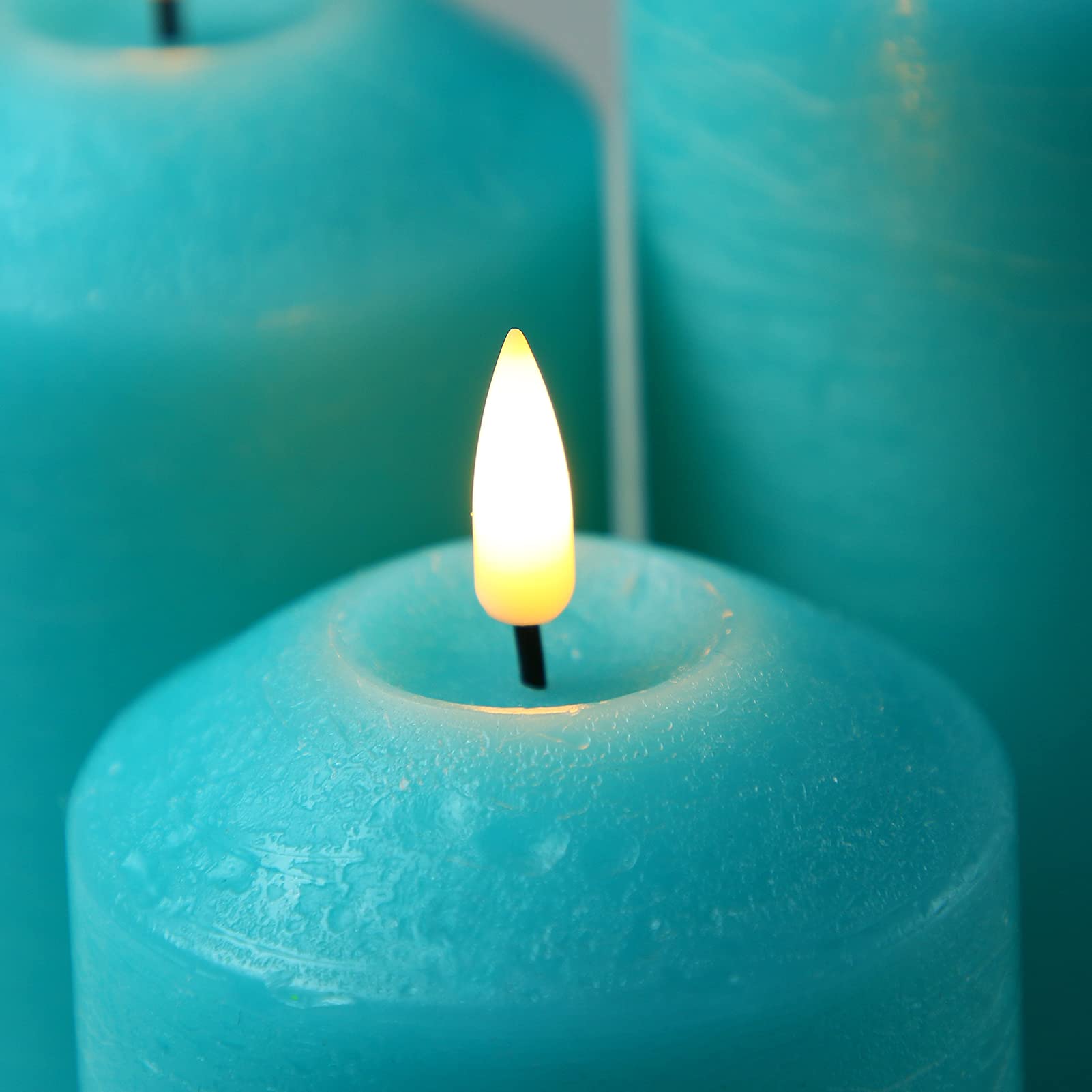 Eywamage Turquoise Blue Flameless Pillar Candles With Remote, Flickering Cone Top Led Wax Battery Candles Set Of 3