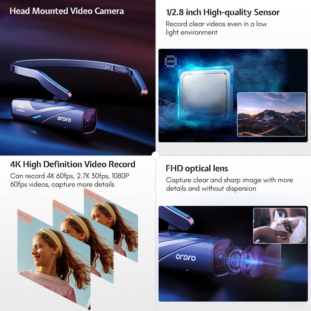 Ordro Ep8 4K Camcorder, Head-Mounted Video Camera For Vlog With 2-Axis Gimbal Stabilizer, 60Fps Vlog Hands Free Wearable Camera,