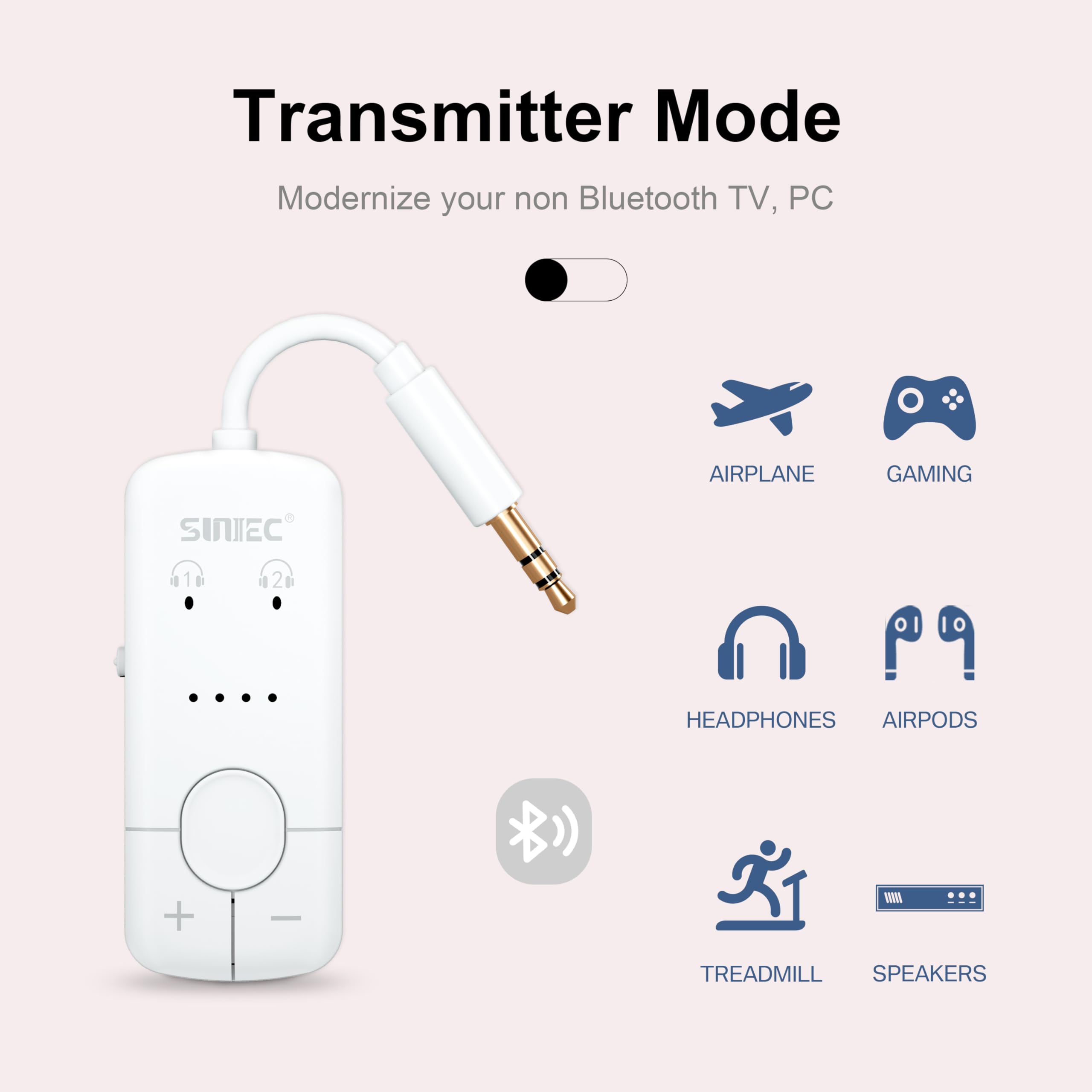 Sunitec Bluetooth Audio Transmitter For Airplane, Supports Audio Sharing To 2 Airpods Or Wireless Headphones,Wireless Bluetooth