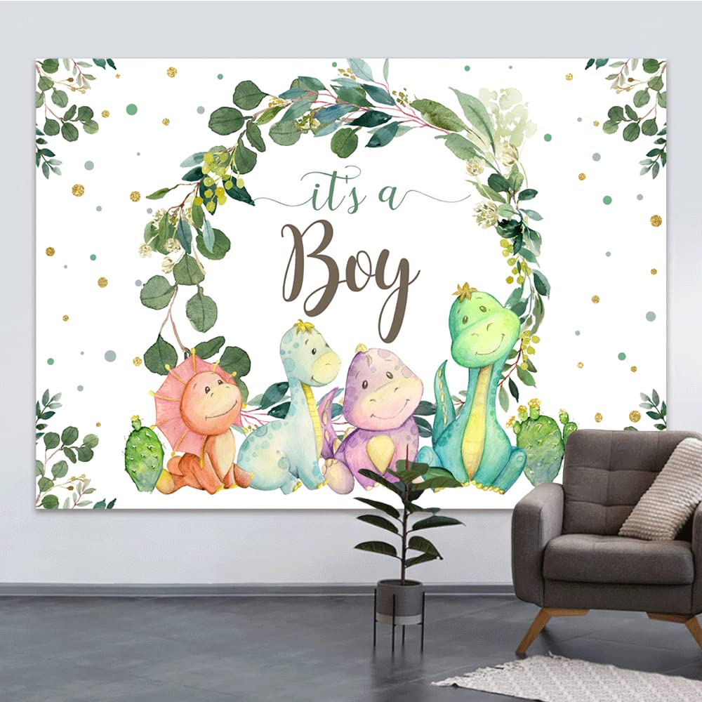 7X5Ft It'S A Boy Backdrop Baby Shower Cartoon Dinosaur Cactus And Eucalyptus Leaves Photography Background Kids Party Supplies C