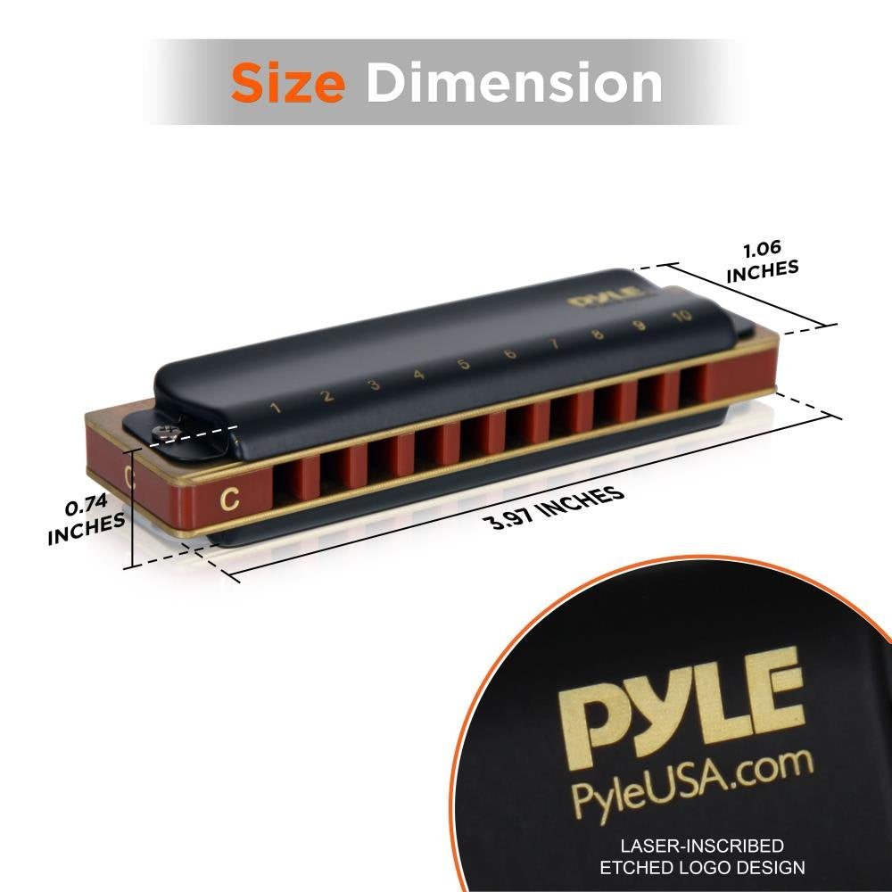 Pyle Professional Brass Metal Covered 10 Hole 7 Piece Diatonic Harmonica Kit   Blues Harp Set Includes Storage Case And Polishin