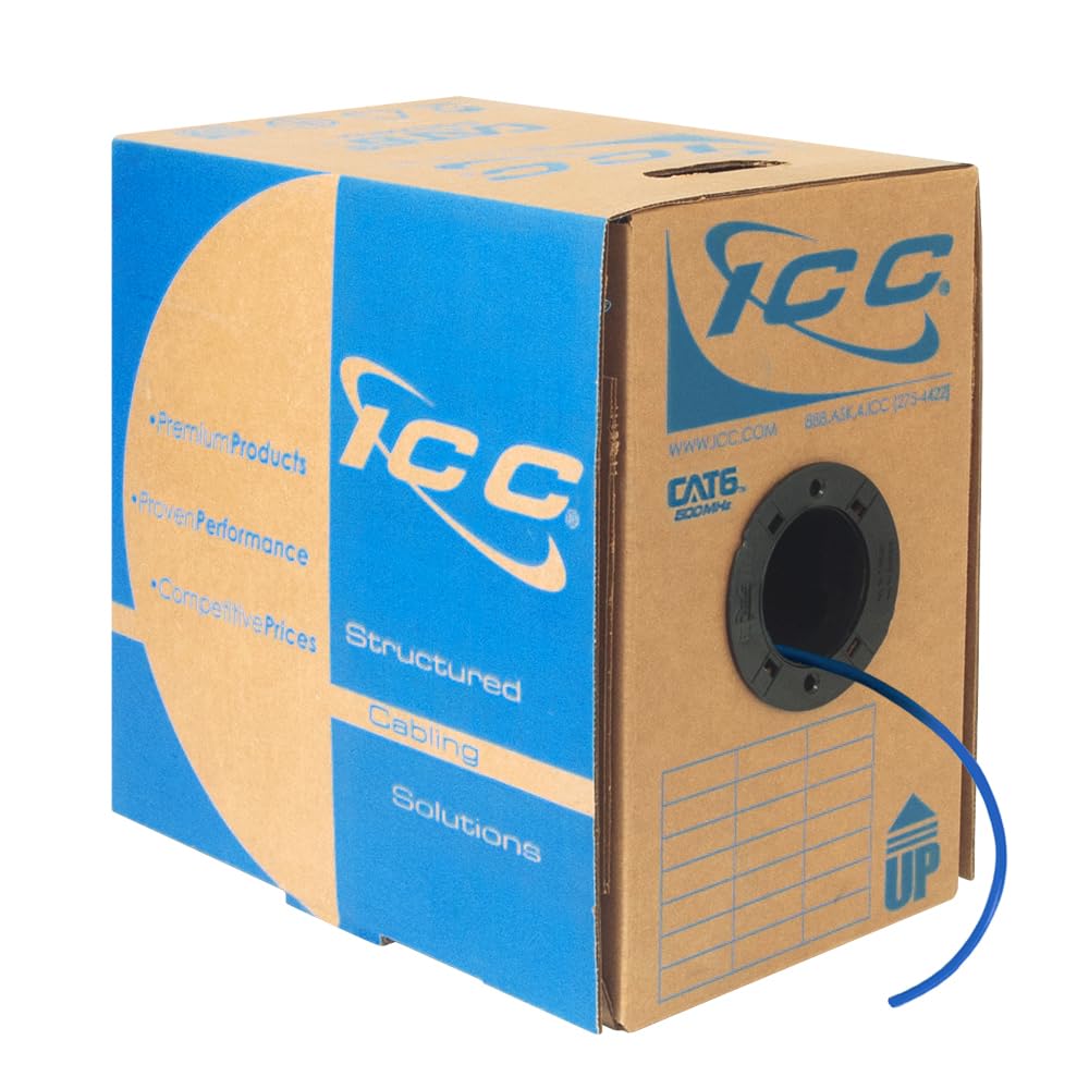 ICC Cat6 CMP Plenum 1000ft UTP 23AWG Solid Pure Copper, True Plenum Certified by UL Bulk Ethernet Cable, PoE++, 500MHz, Reelex No Tangle Pull Box, TAA, National Electrical Code Compliant, Blue