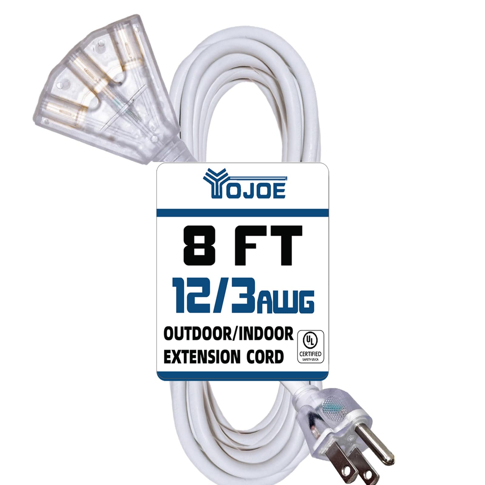 Yojoe 3 Outlets Indoor Outdoor Extension Cord With Lighted End, 3 Prong 15A Weatherproof Power Cord, 12 Gauge Heavy Duty 8 Ft Wh