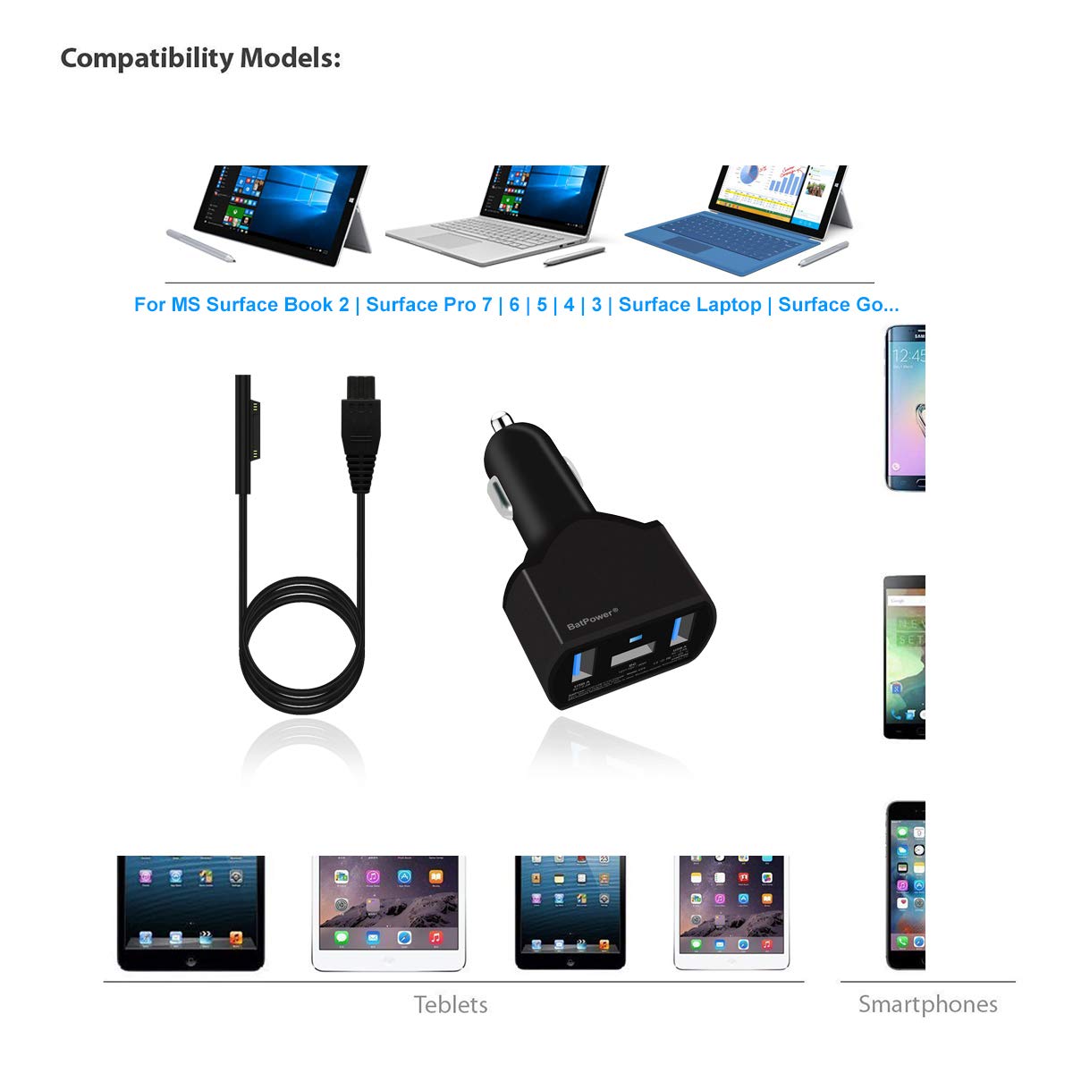 Batpower Ccs 110W Surface Laptop Car Charger Compatible With Microsoft Surface Book Laptop 4 3 2 1 Surface Pro 8 X 7 6 5 4 3 Go