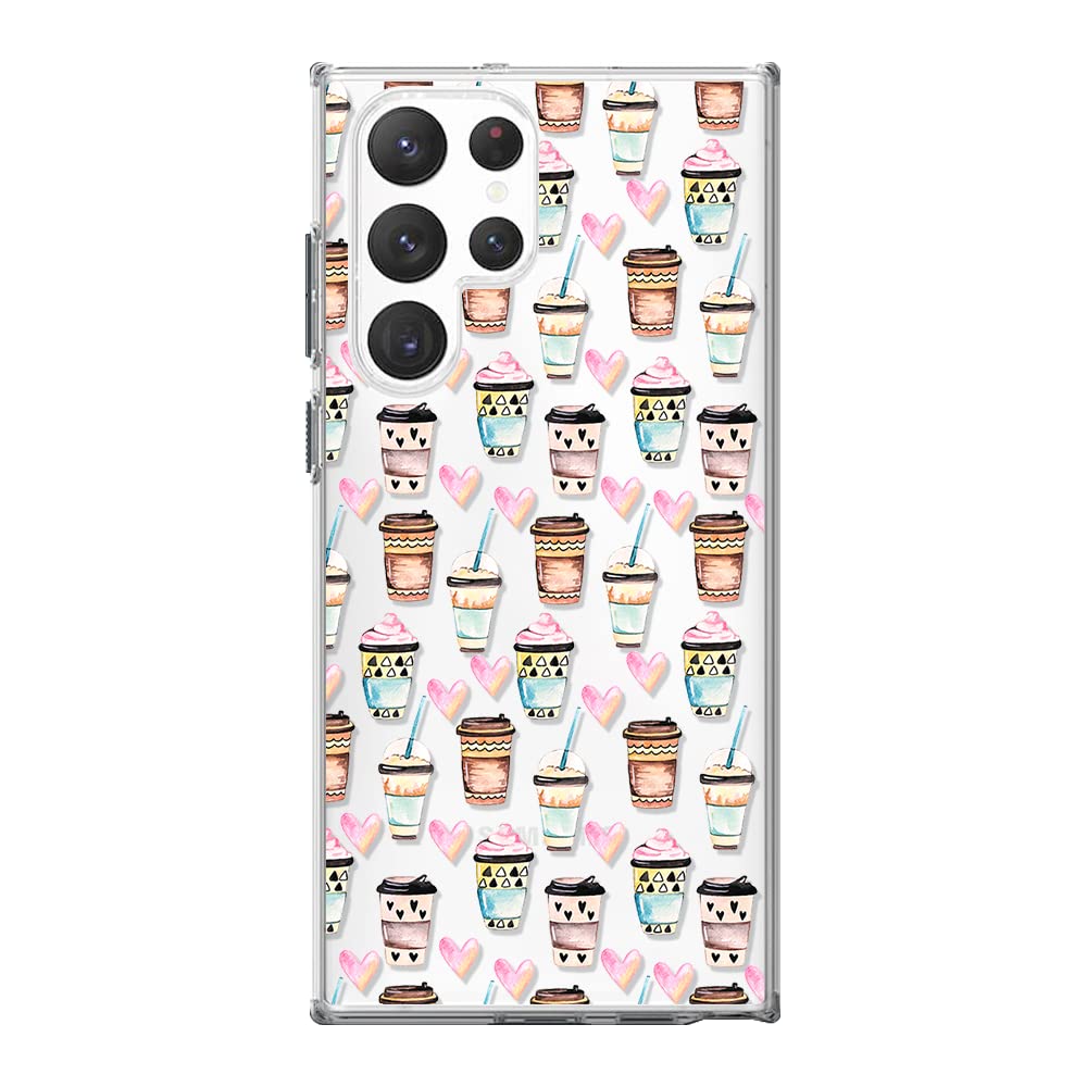 Blingy'S Samsung Galaxy S23 Ultra Case, Coffee Pattern With Hearts Design Beverages Style Transparent Soft Tpu Protective Clear 