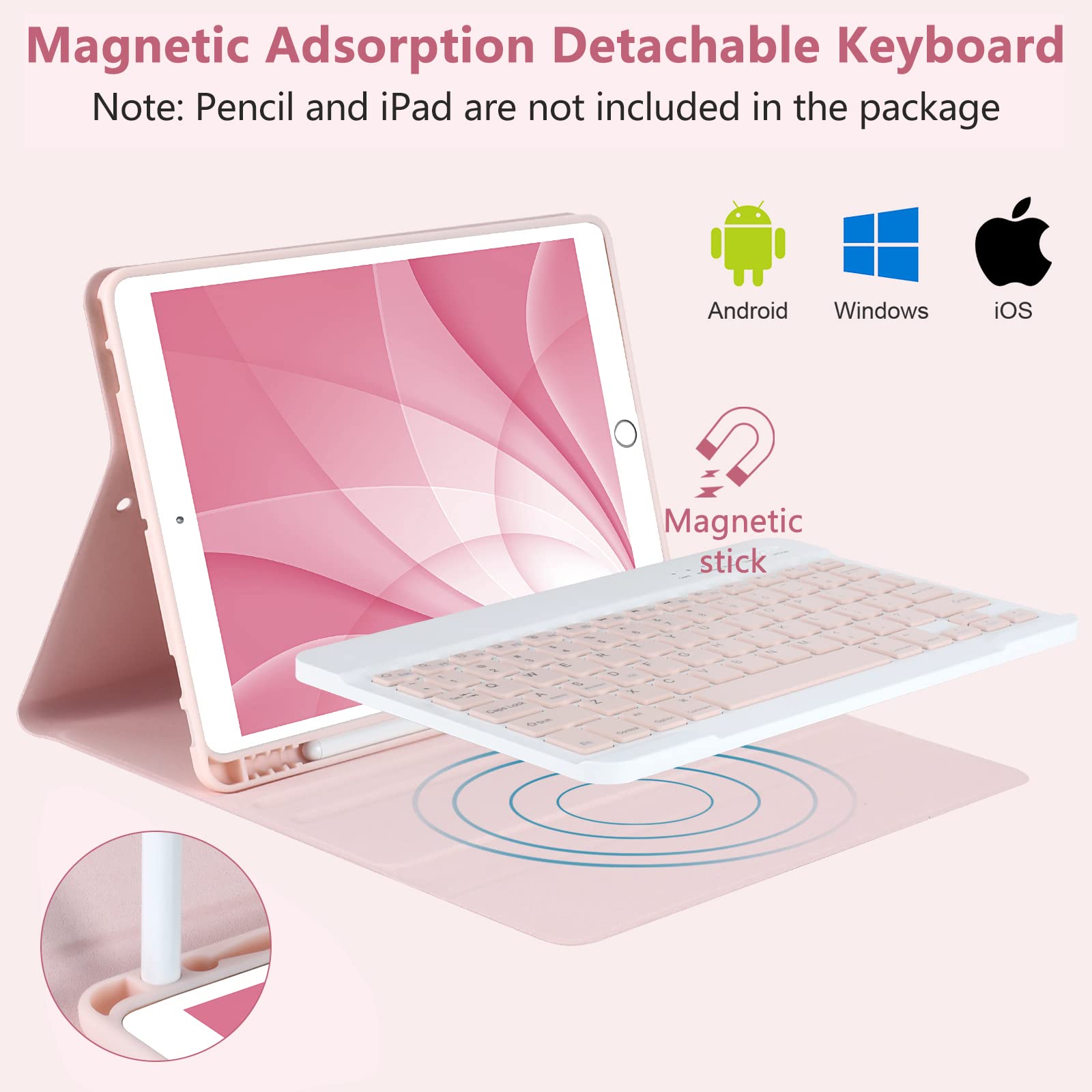 MMK Keyboard Case for iPad 10.2 (9th/8th/7th Gen) - Detachable Bluetooth, Pencil Holder, Auto Sleep/Wake, Pink