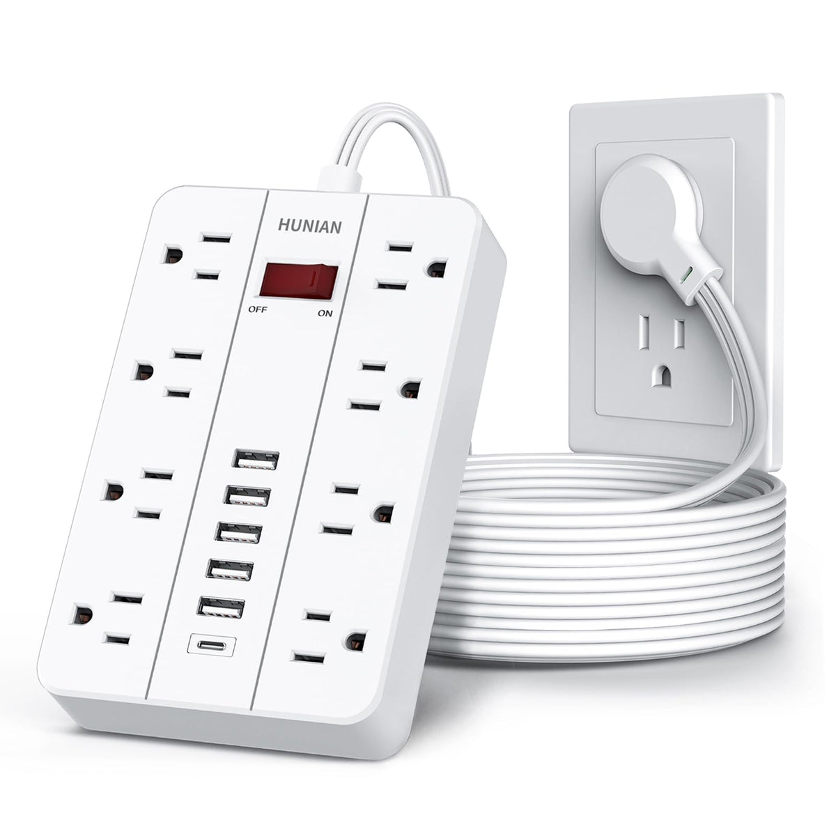 10 Ft Long Extension Cord,Power Strip Surge Protector Hunian Flat Plug With 8 Widely Spaced Outlets 6 Usb(1 Usb C Port), Wall Mo