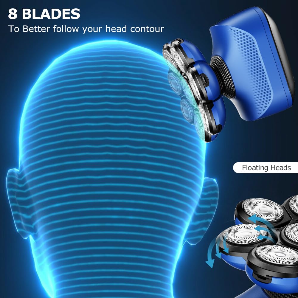 Electric Head Shaver, 8D Bald Head Shaver For Men Cordless Rechargeable Rotary Shaver With Clipper Nose Trimmer Brush Massager A