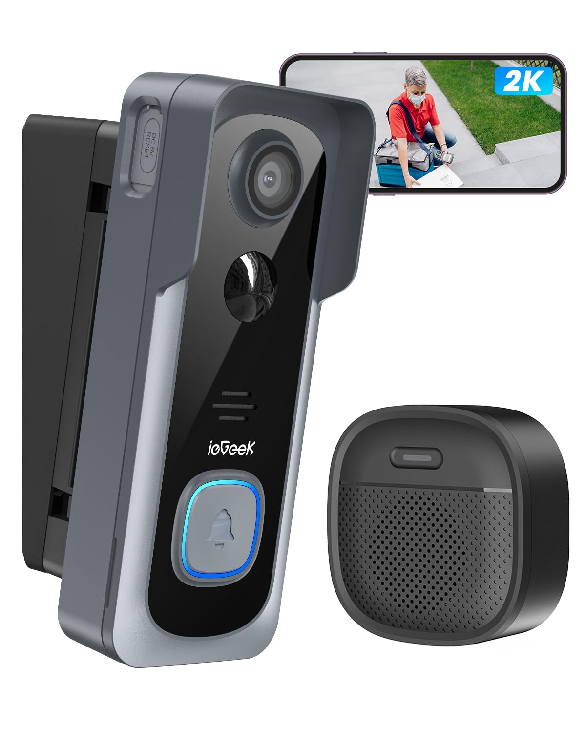 Iegeek 2K Doorbell Camera Wireless No Subscription With Adjustable Doorbell Angle Mount, Video Doorbell With Chime, Pir Motion D