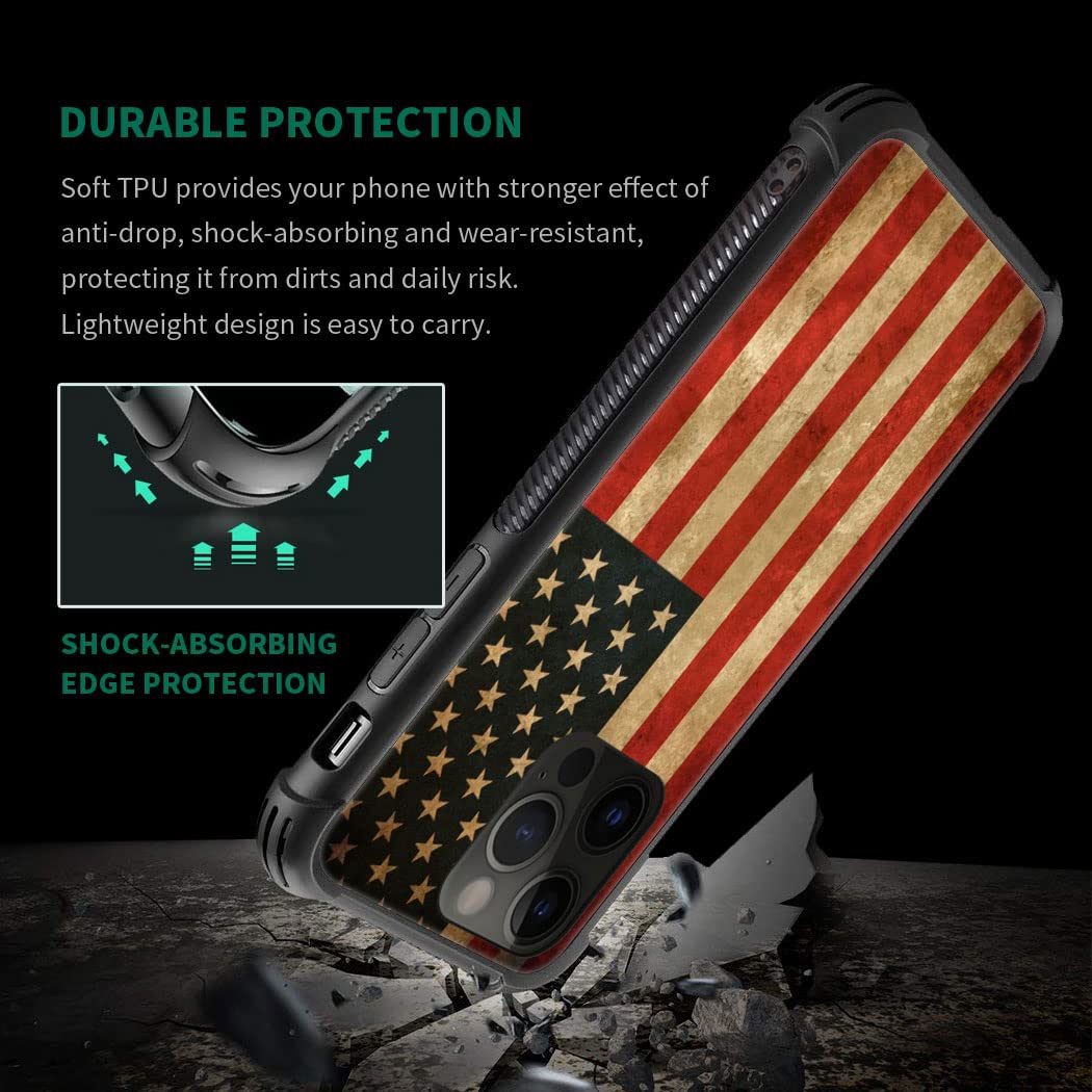 ZHEGAILIAN iPhone 14 Pro Case Vintage Grunge American Flag Tempered Glass TPU Shock Protective