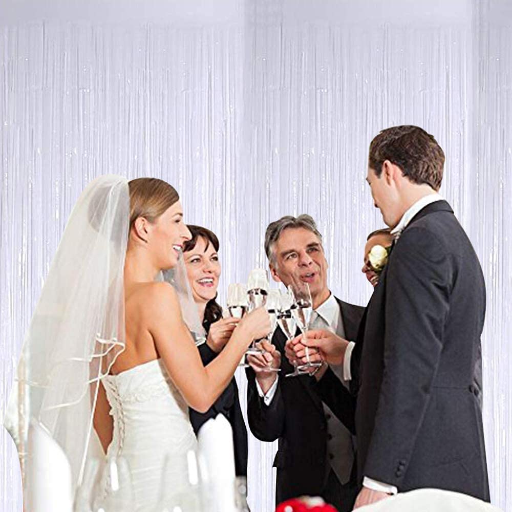 Toniful 3Pcs White Door Streamers,White Photo Booth Backdrop Metallic Streamers White Foil Fringe Curtains For Birthday,Christma