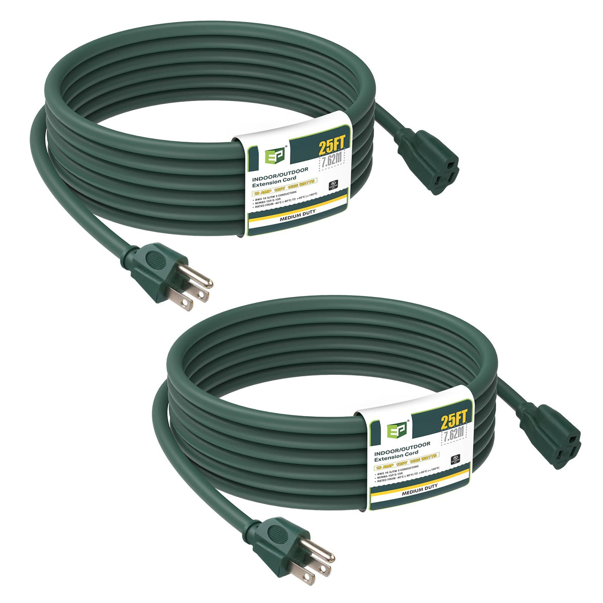 Ep 2 Pack 25Ft Green Outdoor Extension Cord, 16/3 Sjtw Heavy Duty Waterproof, 3 Prong Grounded Plug, 13A 1625W 16Awg, Cold Resis