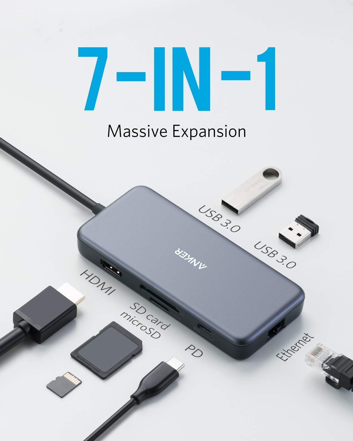 Anker Usb C Hub, 7-In-1 Usb C Adapter, With 4K Hdmi, 60W Power Delivery, 1Gbps Ethernet, 2 3.0 Ports, Sd And Microsd Card Reader