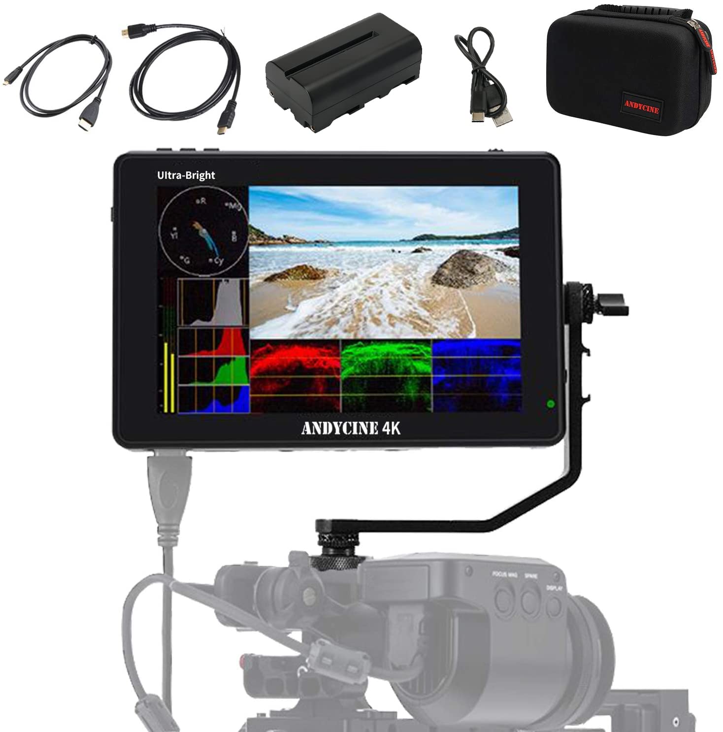 Andycine C7 Field Camera Monitor 7    2200Nits 1920X1200 Touch Screen + Battery&Charge Cable+Mini&Micro Hdmi Cords+Carry Case Ca
