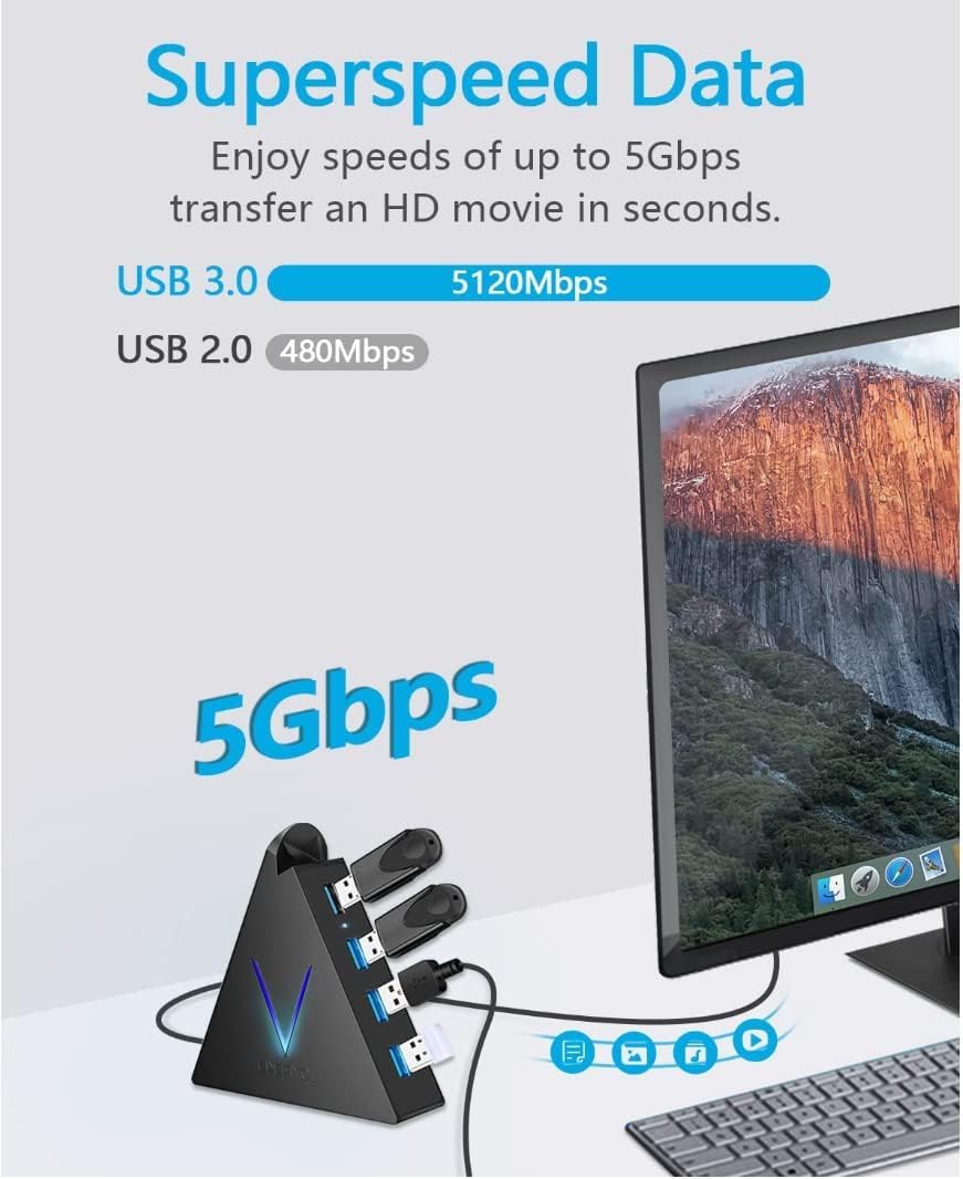 Joyreken 4 Port Usb 3.0 Hub, Flyingvhub Vertical Data Usb Hub With 2 Ft Extended Cable, For Mac, Pc, Xbox One, Ps4, Ps5, Imac, S