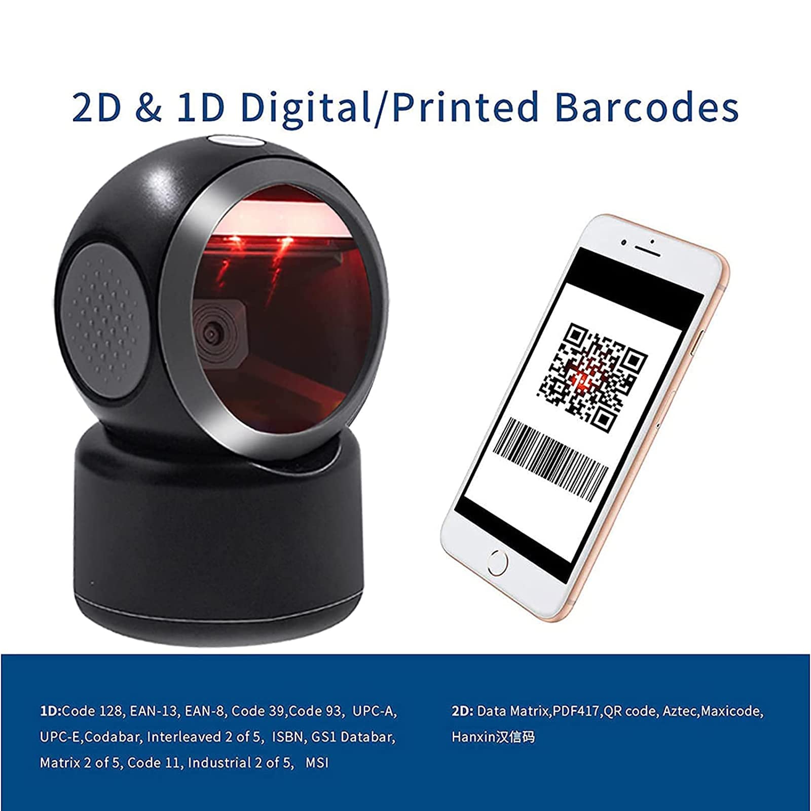 Symcode 1D 2D Qr Desktop Barcode Scanner, Omnidirectional Hands-Free Automatic Usb Barcode Reader Scanner