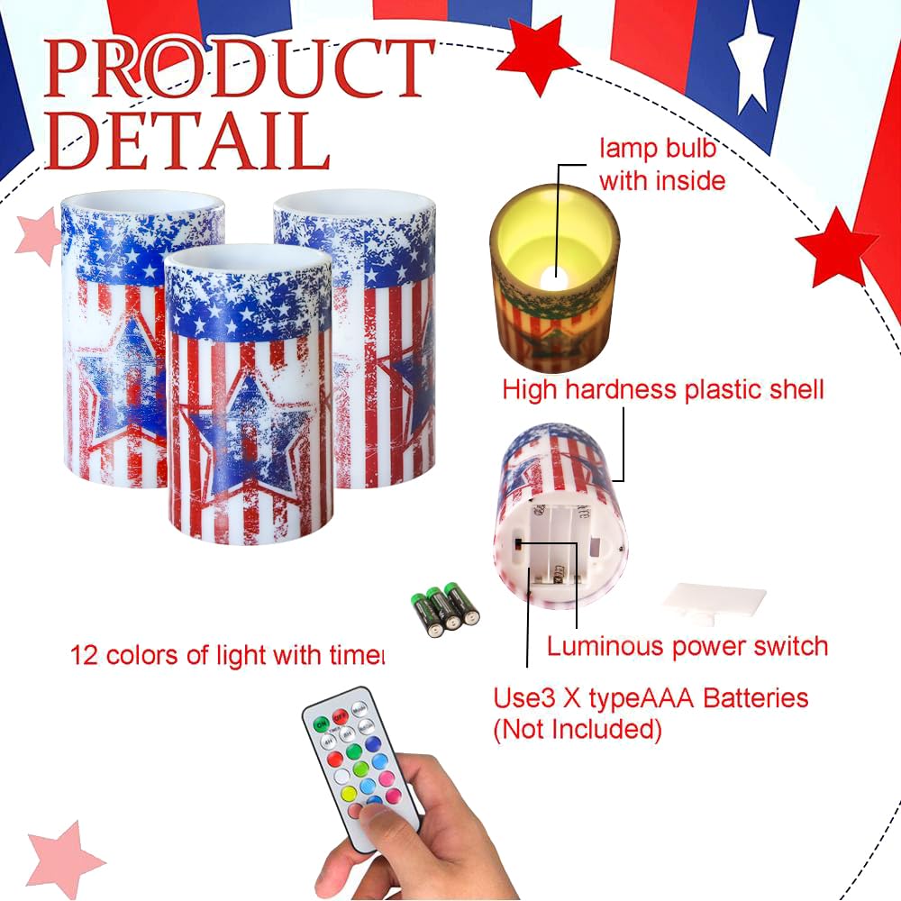 Aulaygo Patriotic Candles With Timer Remote Control Set Of 3 Vintage American Flag Flameless Led Candles Battery Operated For In