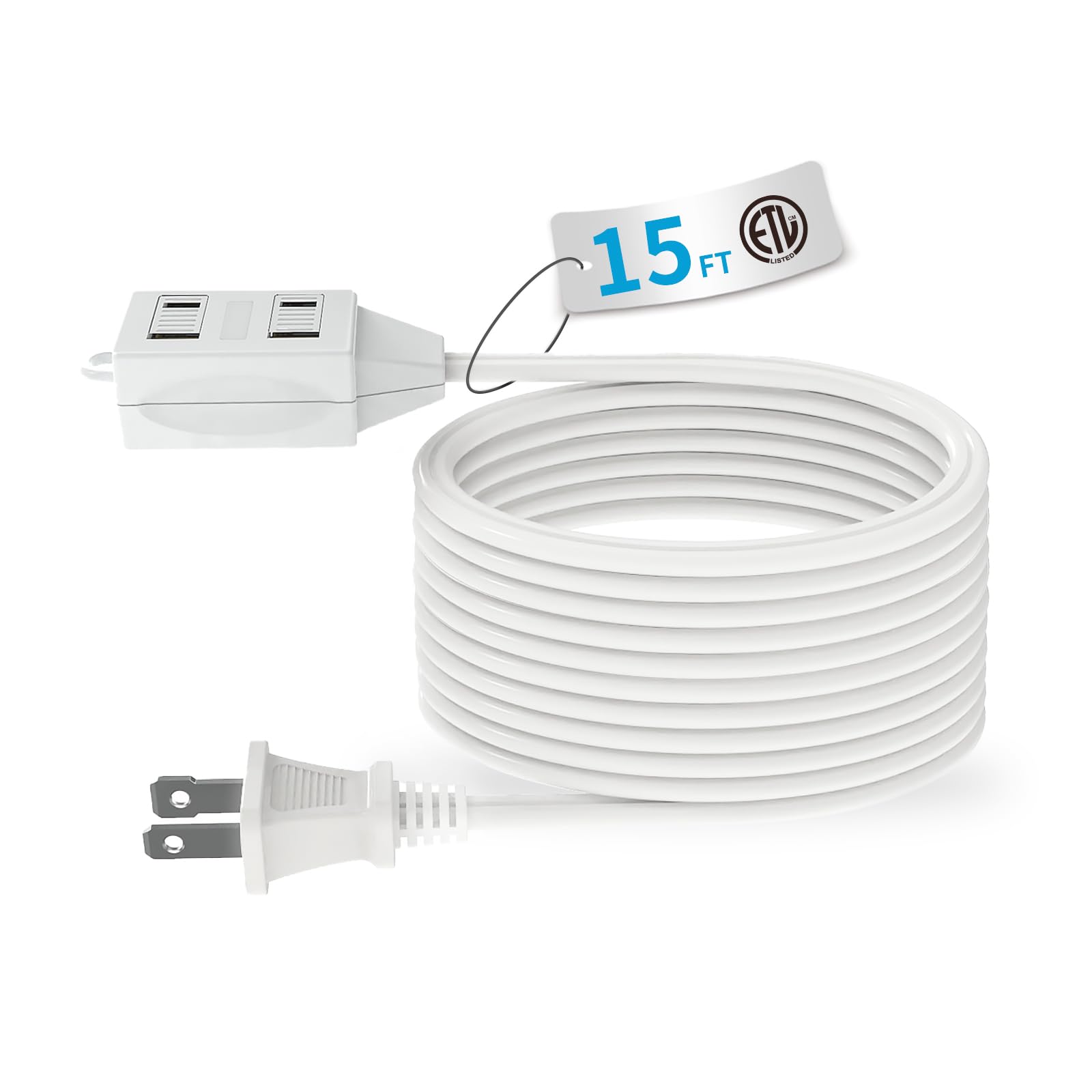 Indoor Extension Cord, 2 Prong 15 Feet Extension Cord, 3 Polarized Outlets With Safety Slide Windows,13A/1625W, 16 Awg, 2 Pack