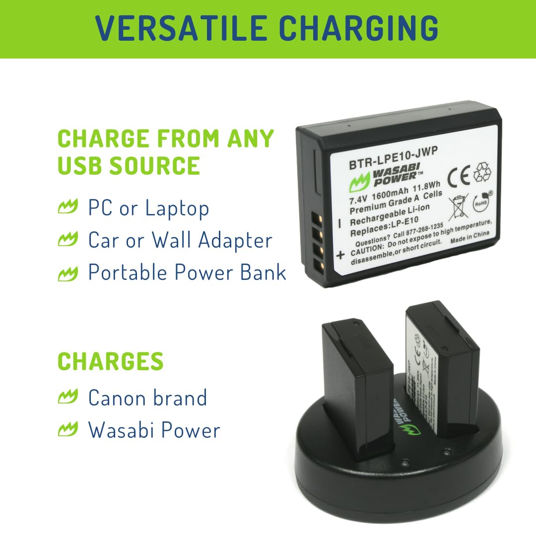 Wasabi Power Battery (2 Pack) And Dual Usb Charger For Canon Lp E10 & Canon Eos Rebel T3, Rebel T5, Rebel T6, Rebel T7, Rebel T1