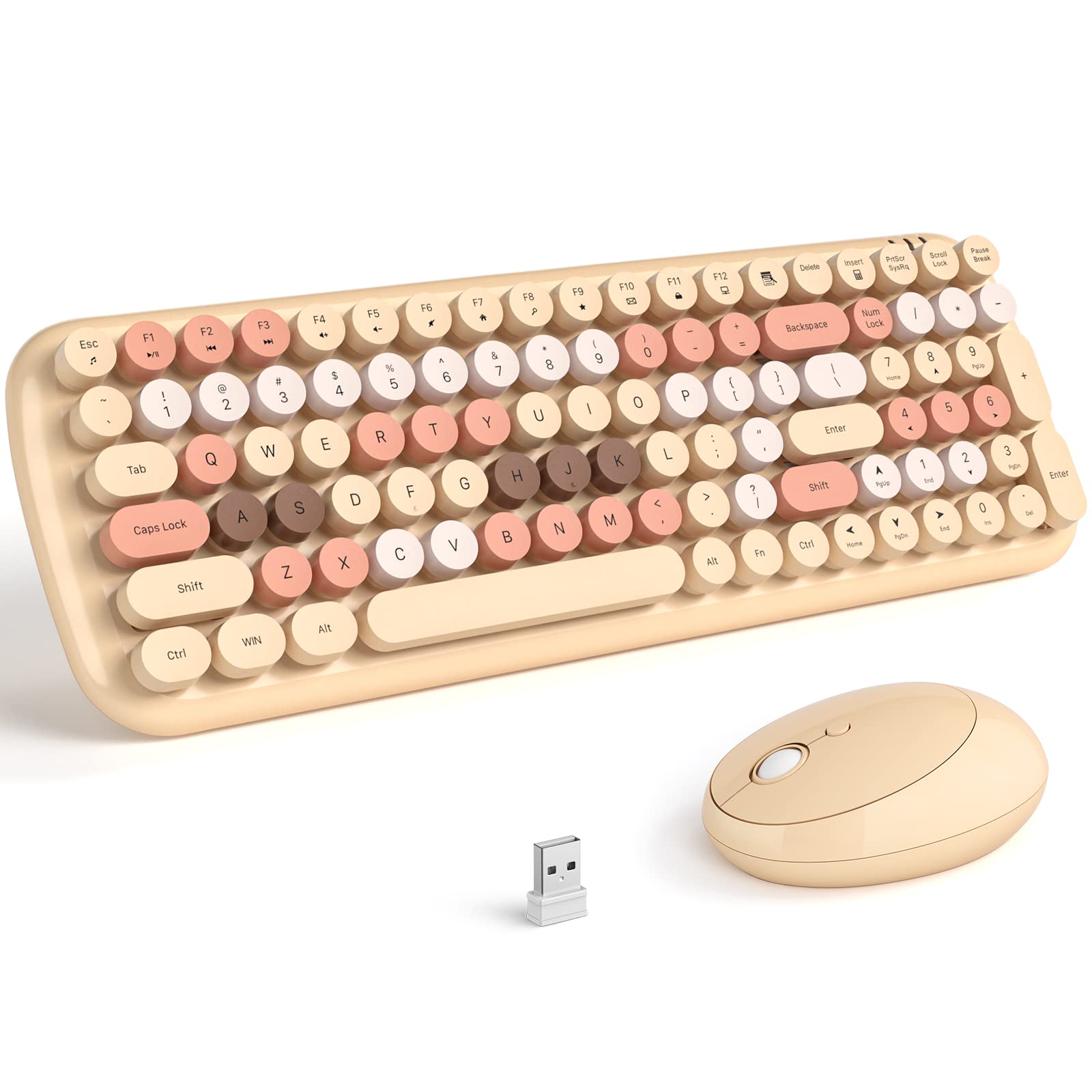 Knowsqt Wireless Keyboard And Mouse Combo, Light Milktea 100 Keys 2.4 Ghz Round Keycap Typewriter Keyboards, Usb Receiver Plug A