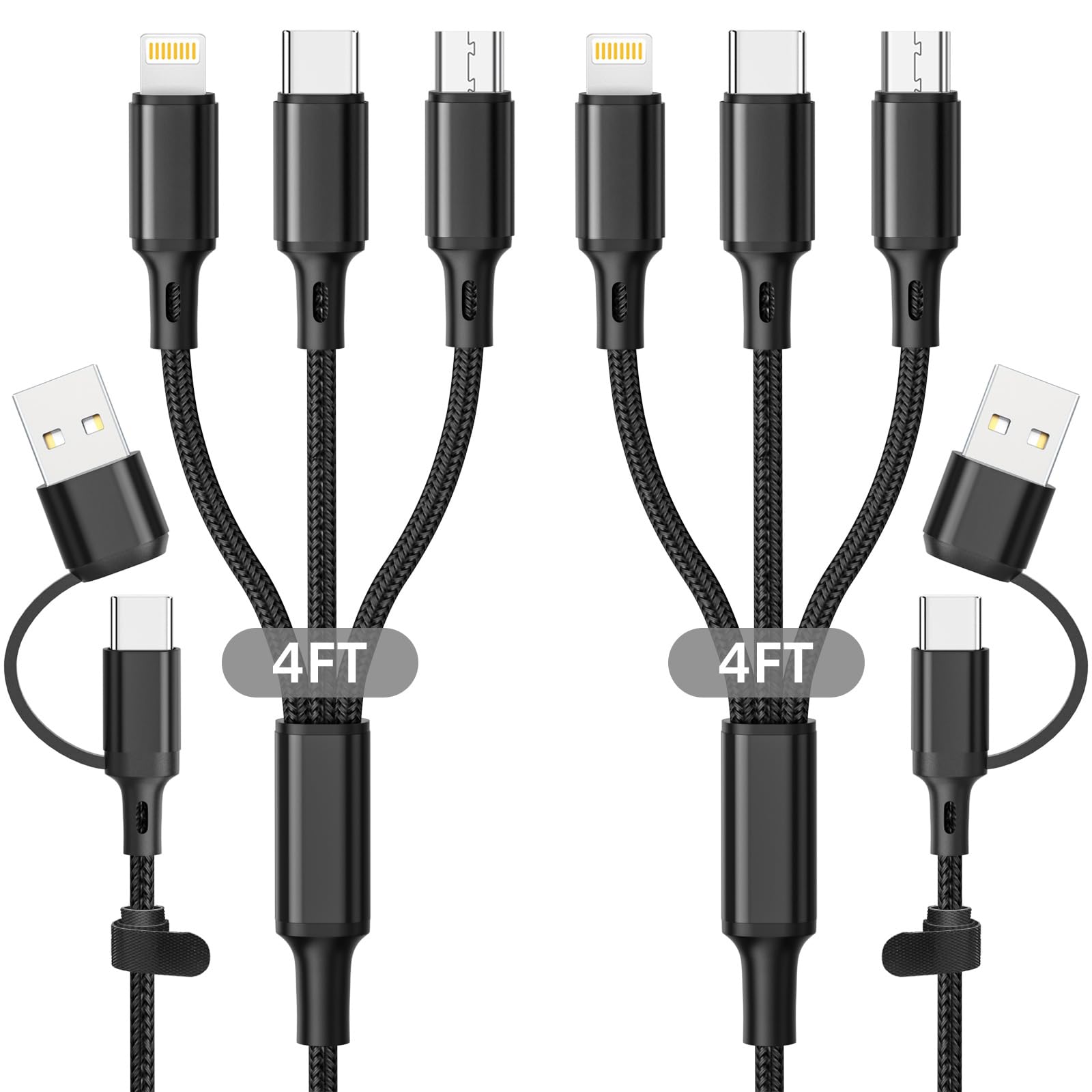 Multi Charging Cable 2Pack 6 In 1 4Ft Multi Multi Charger Cable, Nylon Braided Multi Usb A/C To Phone Usb C Micro Usb Lightning Connector Nylon Braided Charging Cord For Iphone/Samsung Black