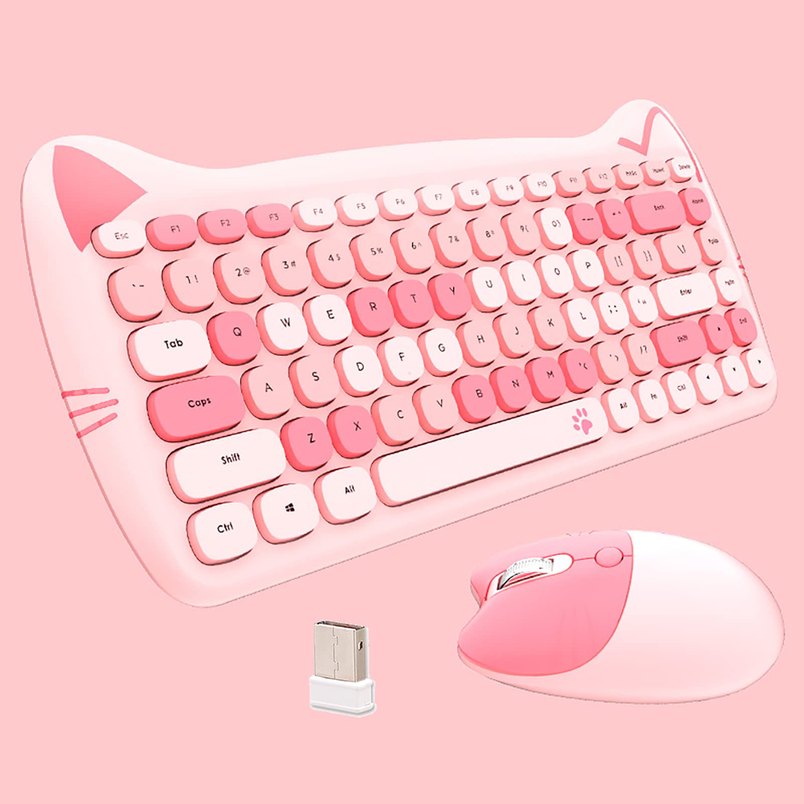 Cute Cat 2.4G Usb Wireless Keyboard And Mouse Combo, Silent Keys, Candy Colors, Compatible With Notebook, Pc (Pink 84Keys)