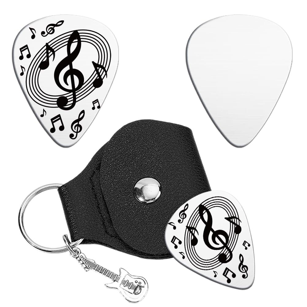 Unicraftale Guitar Picks Gifts Stainless Steel Guitar Pick Keychain With Pu Leather Case Double Side Plectrum Guitars Set Gradua