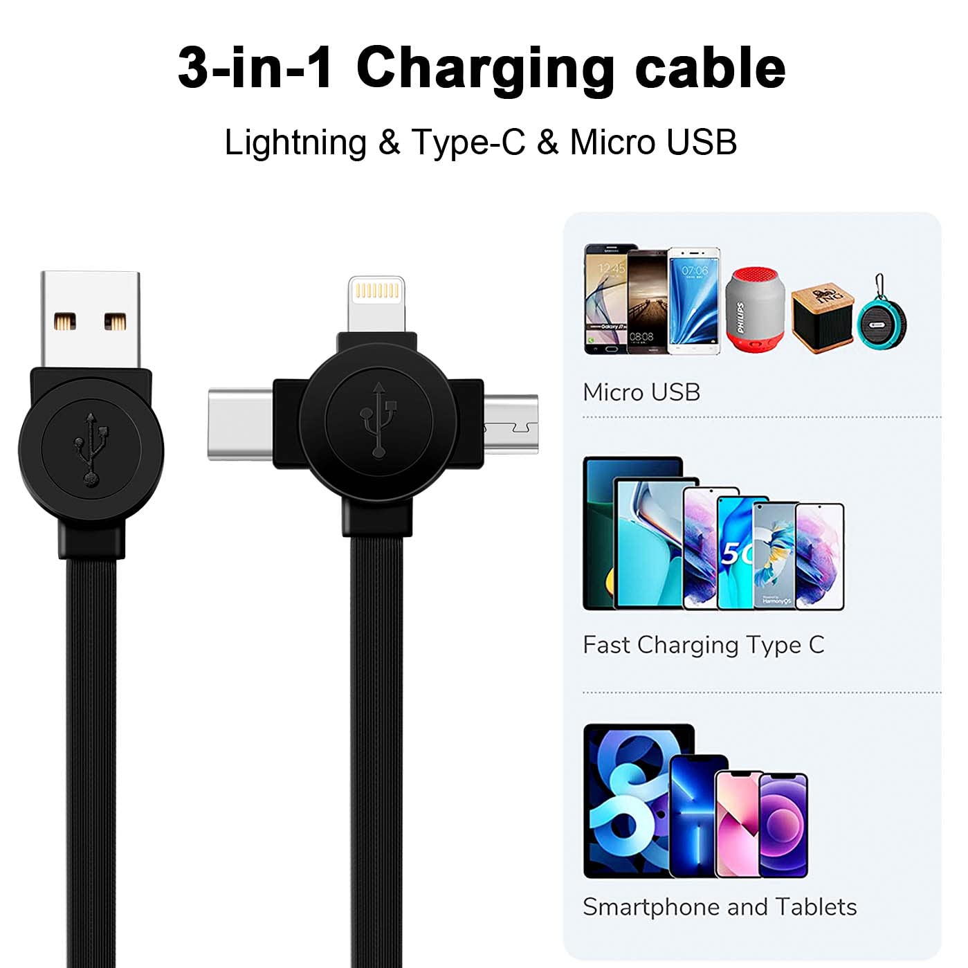 3.3Ft 2Pack Retractable Multi Fast Charging Cord, 3 In 1 Multi Charger Cable Charging Cable, Retractable Charger With Lightning/