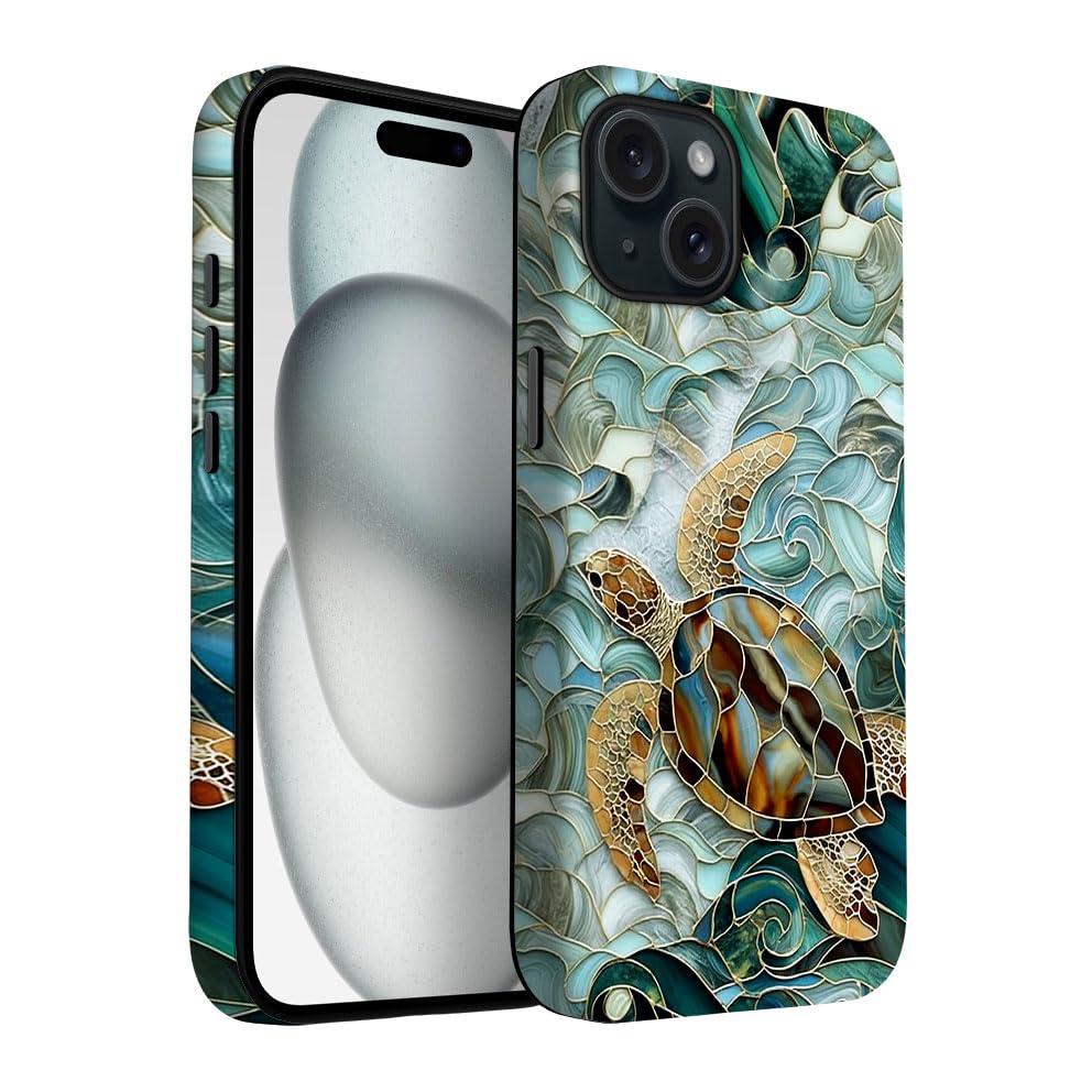 Yuzbira for iPhone 15 Plus Case | Stained Glass Ocean Sea Turtles | Slim Drop Protection Design