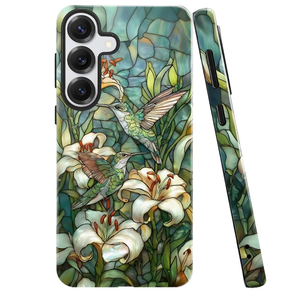Case for Samsung Galaxy S25,Stained Glass Hummingbird Lily Phone Case Military-Grade Drop Protection Cover for Women Girl - Glos