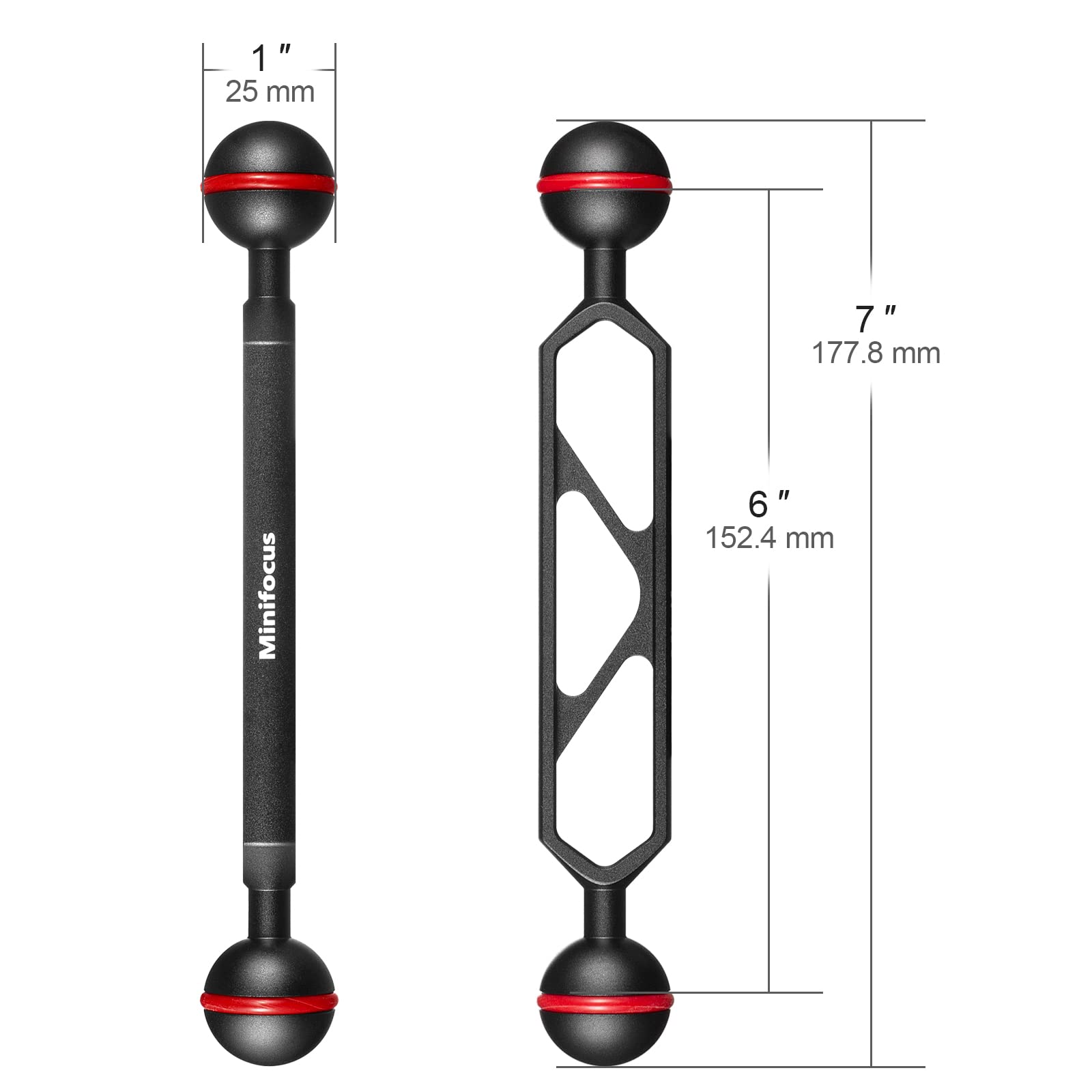 Minifocus 6'' Double Ball Aluminum Extension Arm, 1'' Ball Head Connector Underwater Cnc Arm System Ball Head Extension For Stro