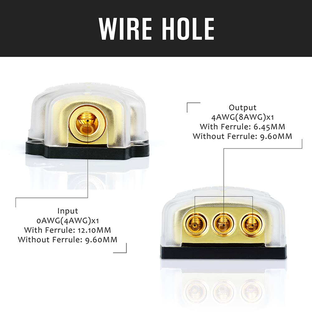 Leigesaudio 0/2/4 Gauge In 4/8/10 Gauge Out Copper Amp Power Distribution Block For Car Audio Splitter (3 Way)