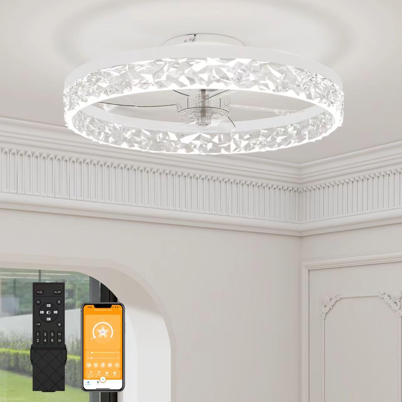 VOLISUN Modern Ceiling Fans with Lights and Remote, 19.7in Low Profile Ceiling Fan Flush Mount, 3000K-6500K Dimmable Bladeless L