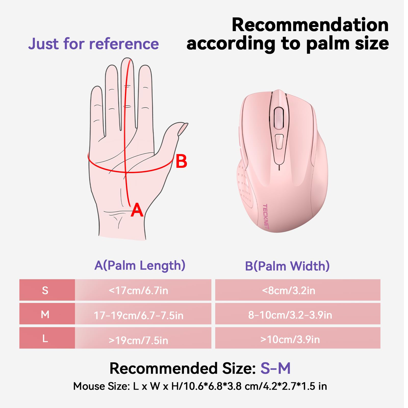 TECKNET Wireless Mouse - Rechargeable 4800 DPI, Silent 6-Button, Bluetooth 5.0/3.0 & 2.4G, USB A - Pink