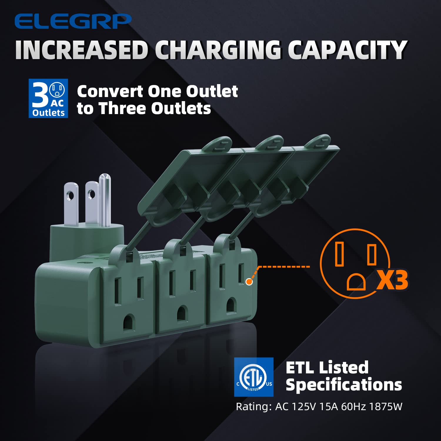 Elegrp 3 Prong Weatherproof 3 Outlet Extender Adapter, Heavy Duty Triple Grounding Outlet Power Extender With Dust Proof Cover,