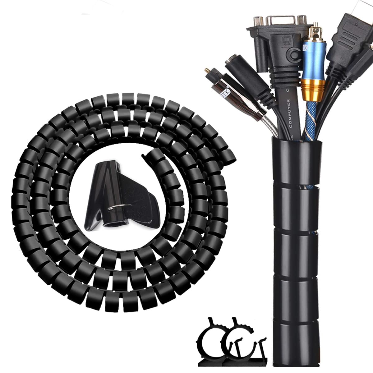 Fanoshon Black Computer Cable Management Sleeve Tube Under Desk Cord Organizer, 7/8 Inch  5 Ft Cover Wrap Easy To Install Messy